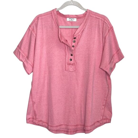 🆕 Zenana Outfitters Katelyn Raw Edge Short Sleeve Pink Top Button Front Medium - Picture 4 of 11